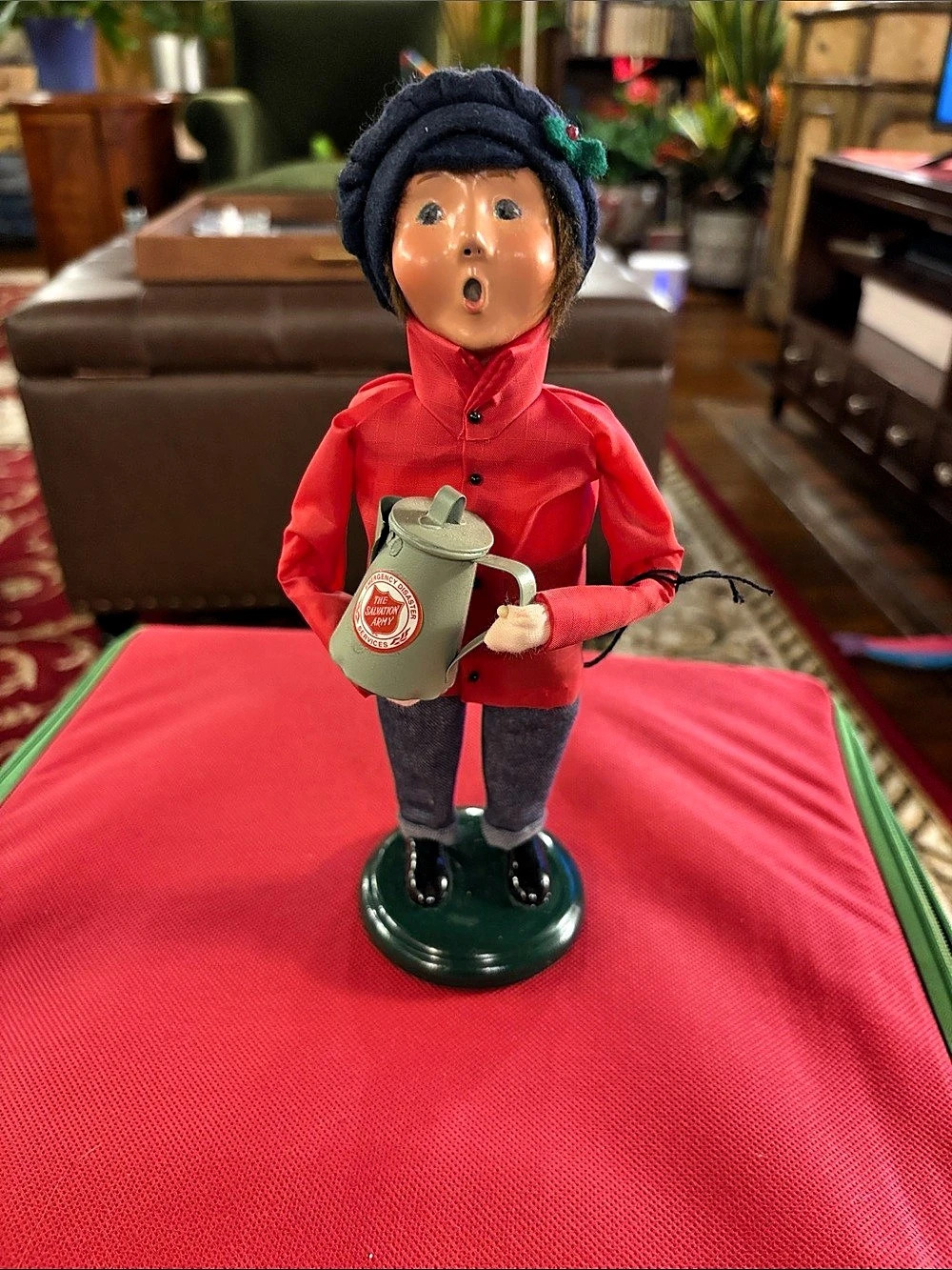 Byers' Choice Salvation Army Boy Coffee Pot Figurine Decor Red & Blue